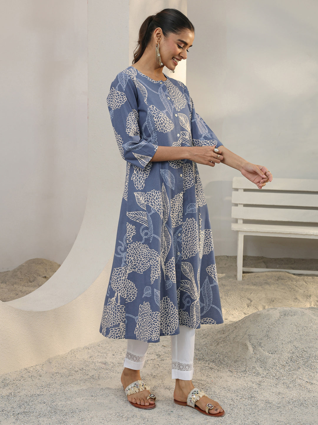 Libas Blue Floral Printed Cotton Blend A-Line Kurta
