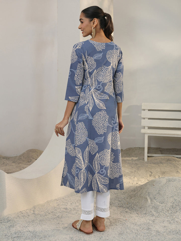 Libas Blue Floral Printed Cotton Blend A-Line Kurta