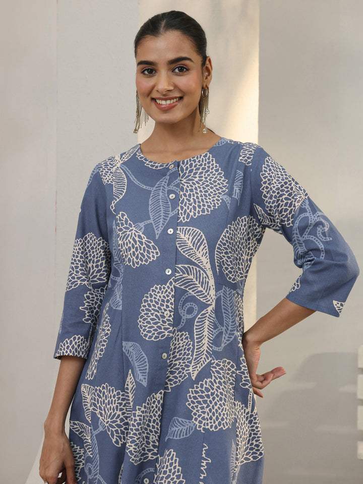Libas Blue Floral Printed Cotton Blend A-Line Kurta