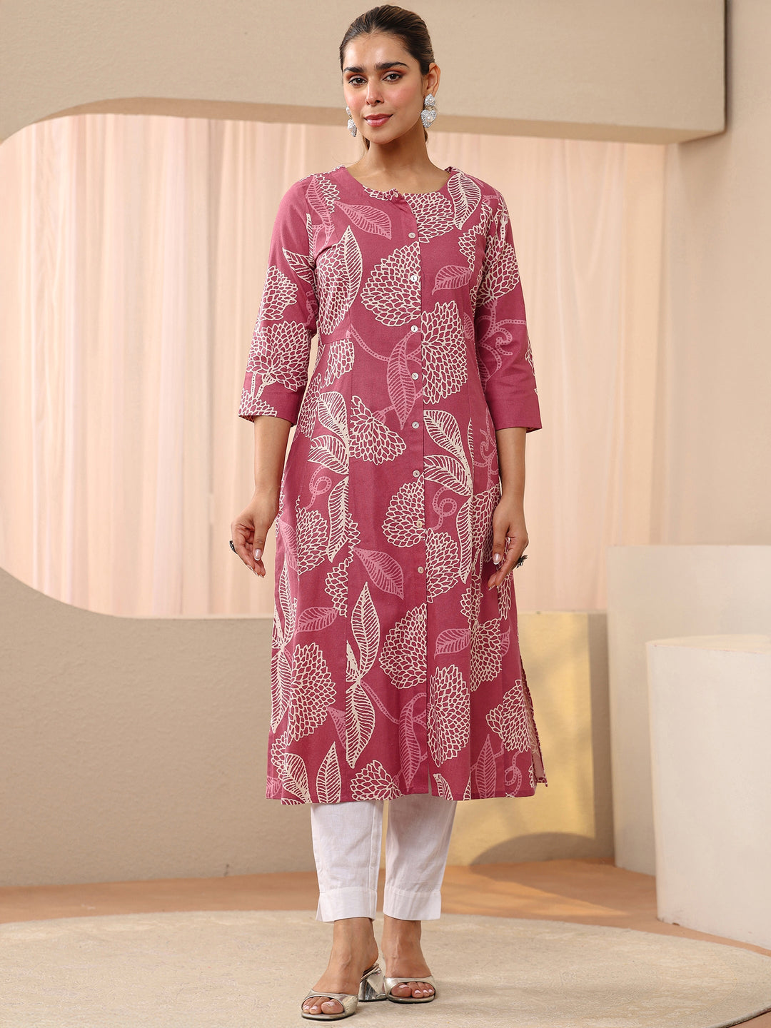Pink Floral Printed Cotton Blend A-Line Shirt Style Kurta