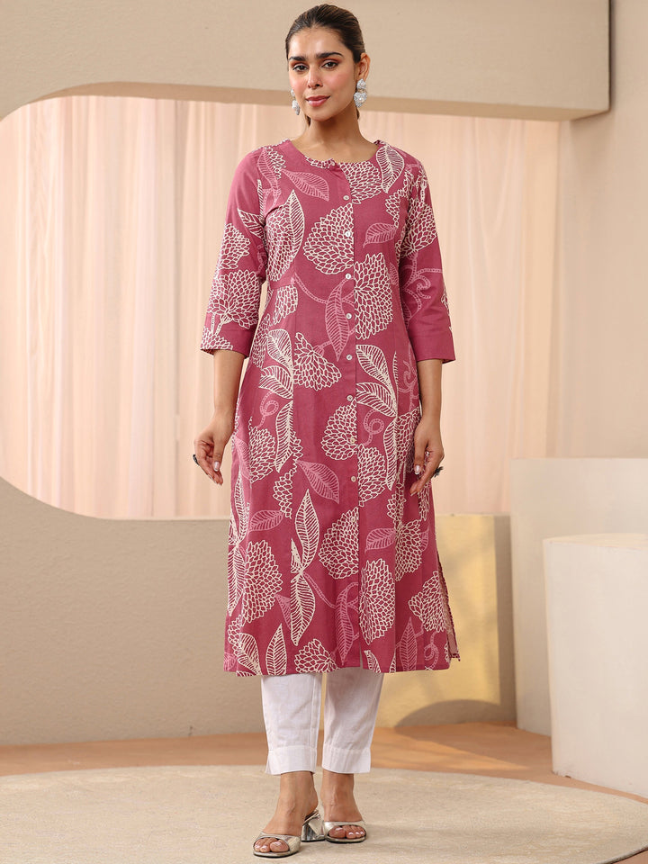 Pink Floral Printed Cotton Blend A-Line Shirt Style Kurta
