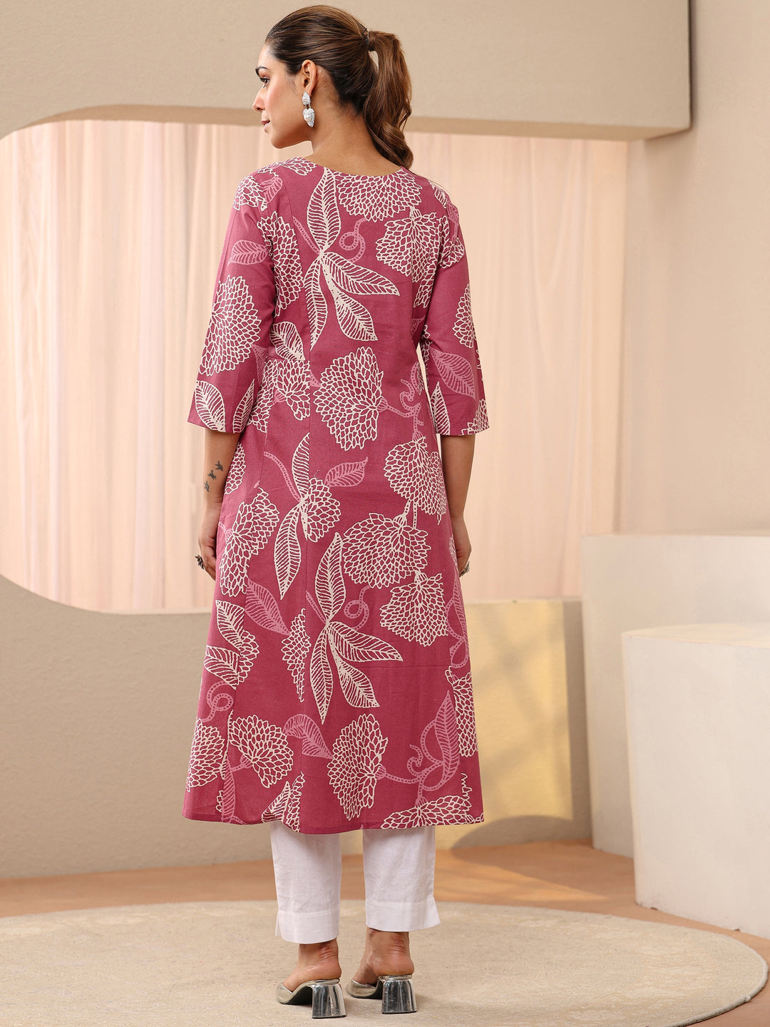 Pink Floral Printed Cotton Blend A-Line Shirt Style Kurta