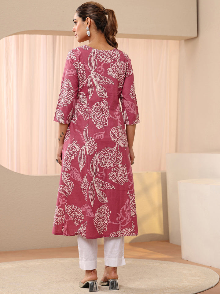 Pink Floral Printed Cotton Blend A-Line Shirt Style Kurta