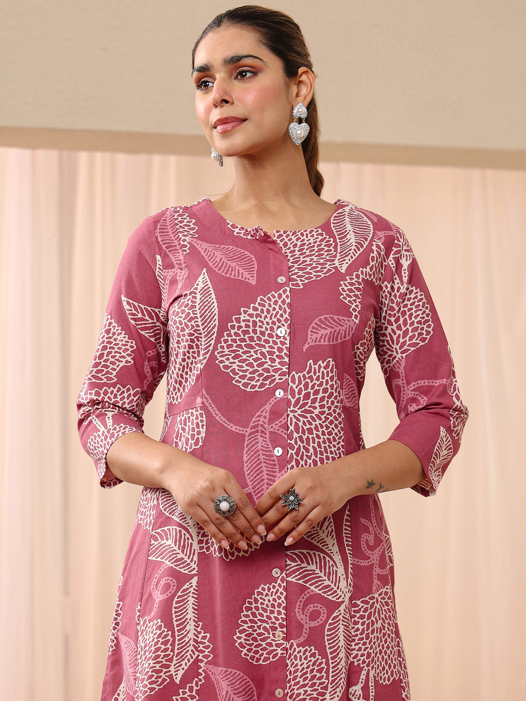 Pink Floral Printed Cotton Blend A-Line Shirt Style Kurta