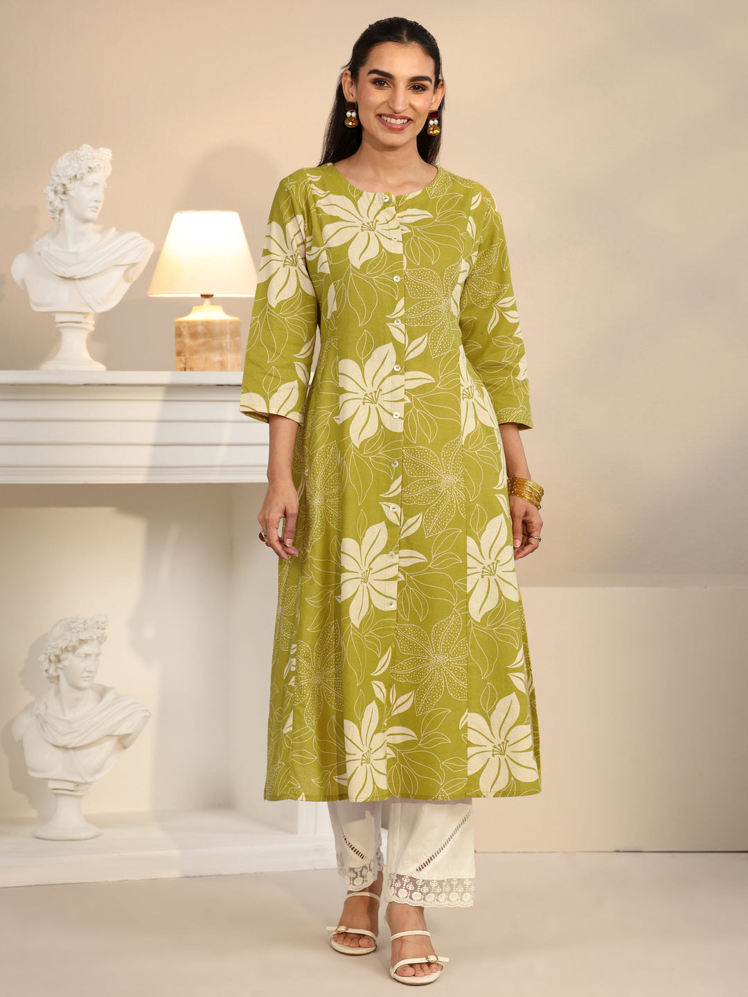 Libas Lime Green Floral Printed Cotton Blend A-line Kurta