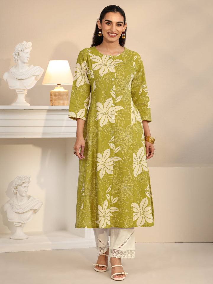Libas Lime Green Floral Printed Cotton Blend A-line Kurta