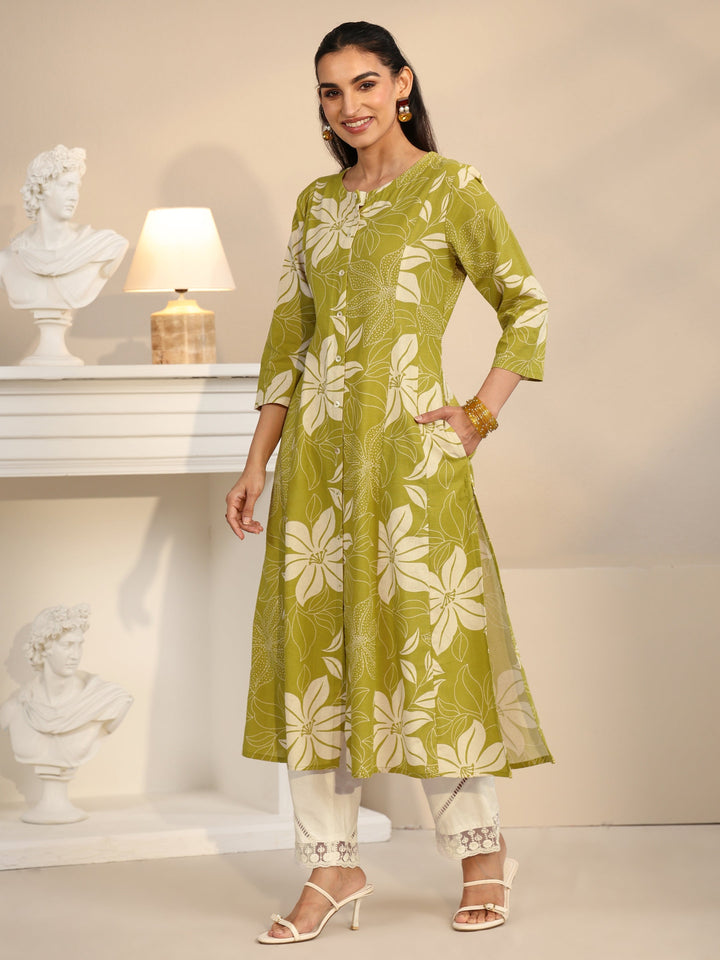 Libas Lime Green Floral Printed Cotton Blend A-line Kurta