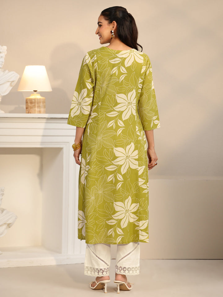 Libas Lime Green Floral Printed Cotton Blend A-line Kurta