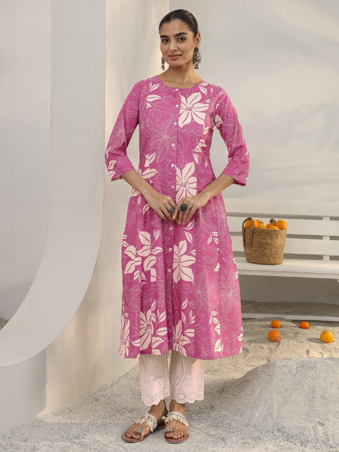 Libas Pink Floral Printed Cotton Blend A-Line Kurta