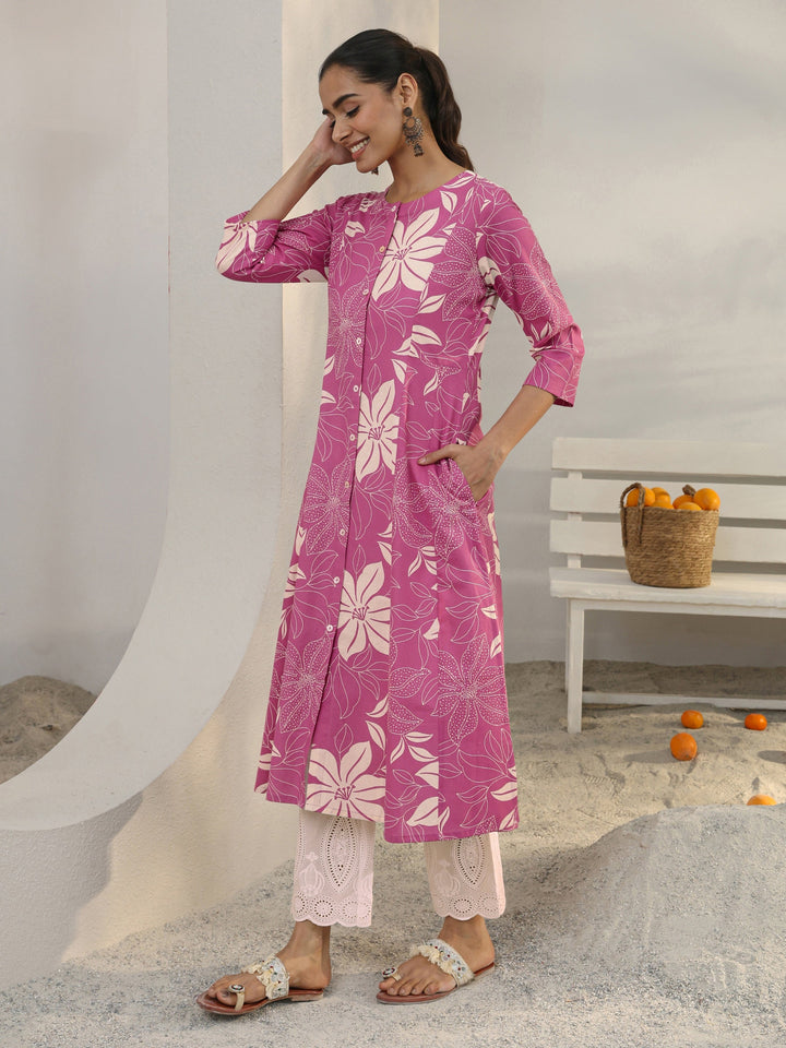 Libas Pink Floral Printed Cotton Blend A-Line Kurta