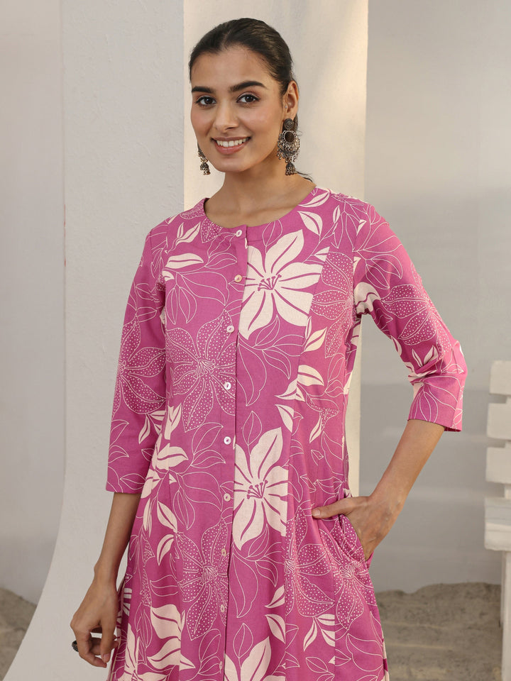 Libas Pink Floral Printed Cotton Blend A-Line Kurta