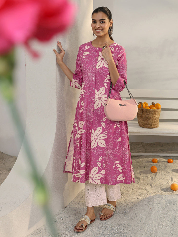Libas Pink Floral Printed Cotton Blend A-Line Kurta