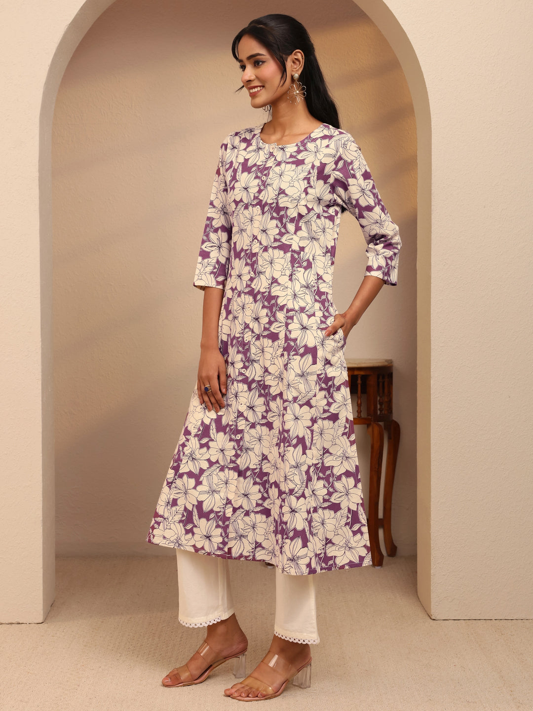 Burgundy Floral Printed Cotton Blend A-Line Kurta