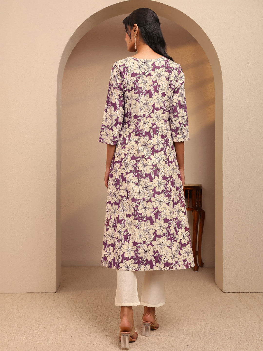 Burgundy Floral Printed Cotton Blend A-Line Kurta