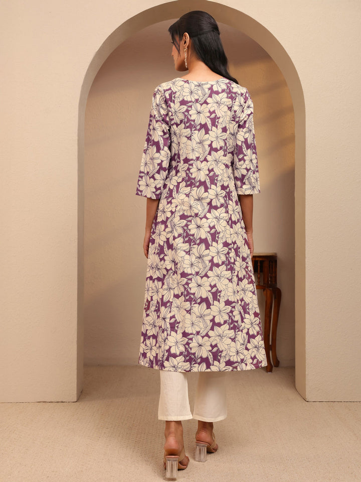 Burgundy Floral Printed Cotton Blend A-Line Kurta