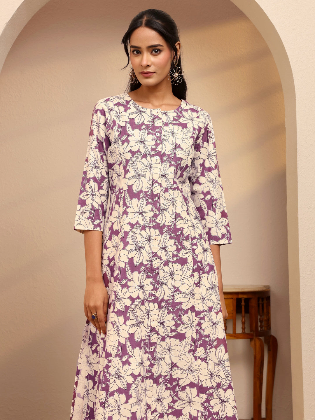Burgundy Floral Printed Cotton Blend A-Line Kurta