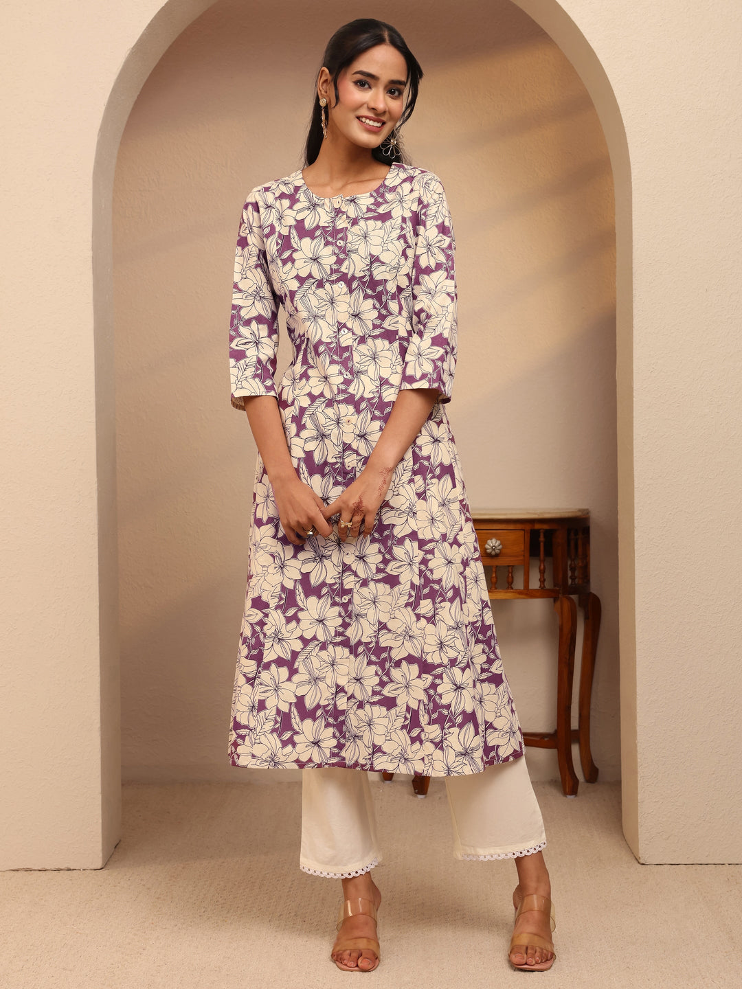 Burgundy Floral Printed Cotton Blend A-Line Kurta