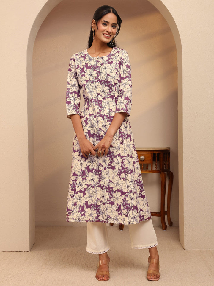 Burgundy Floral Printed Cotton Blend A-Line Kurta