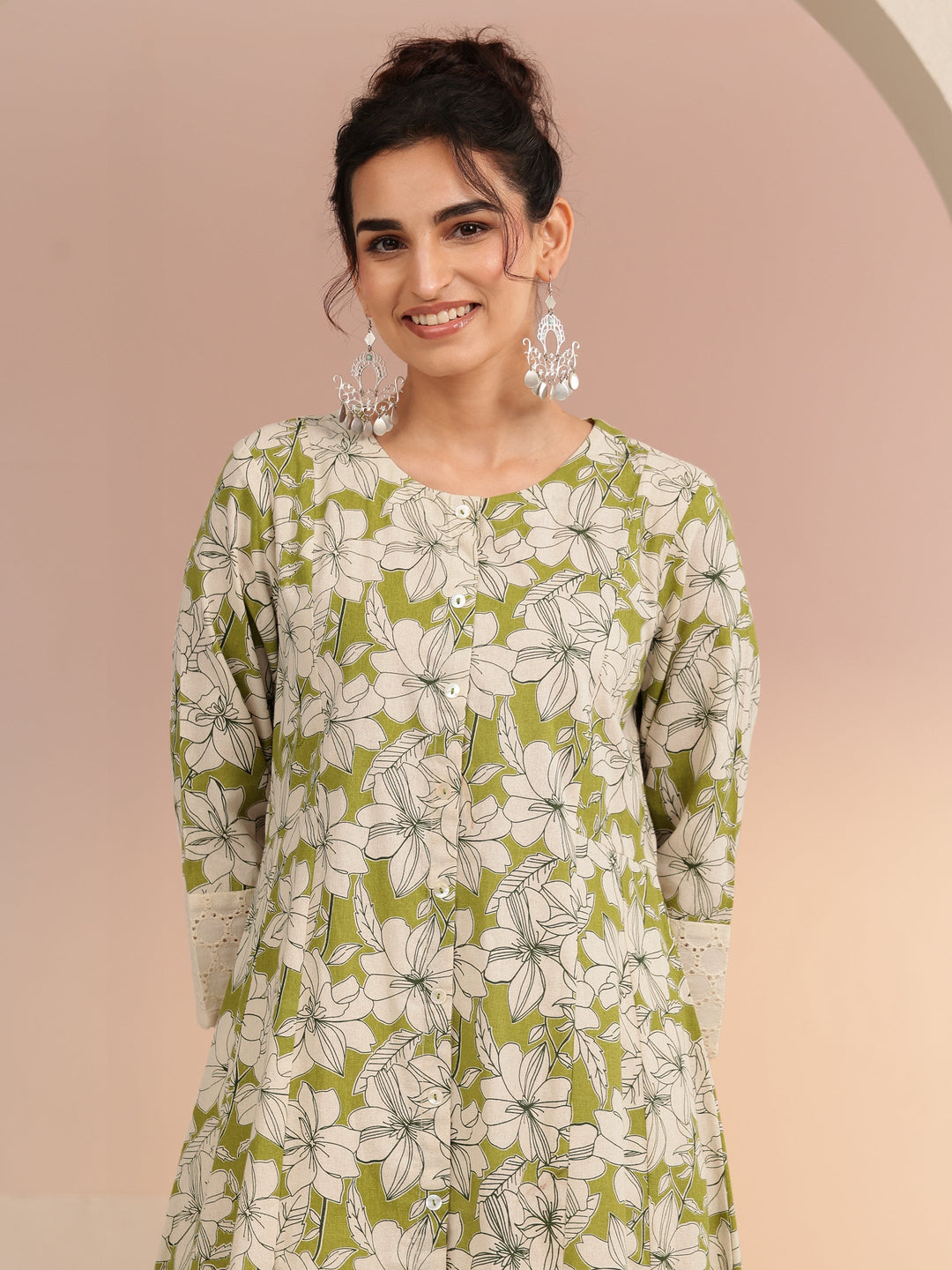 Libas Green Floral Printed Cotton Blend A-Line Kurta