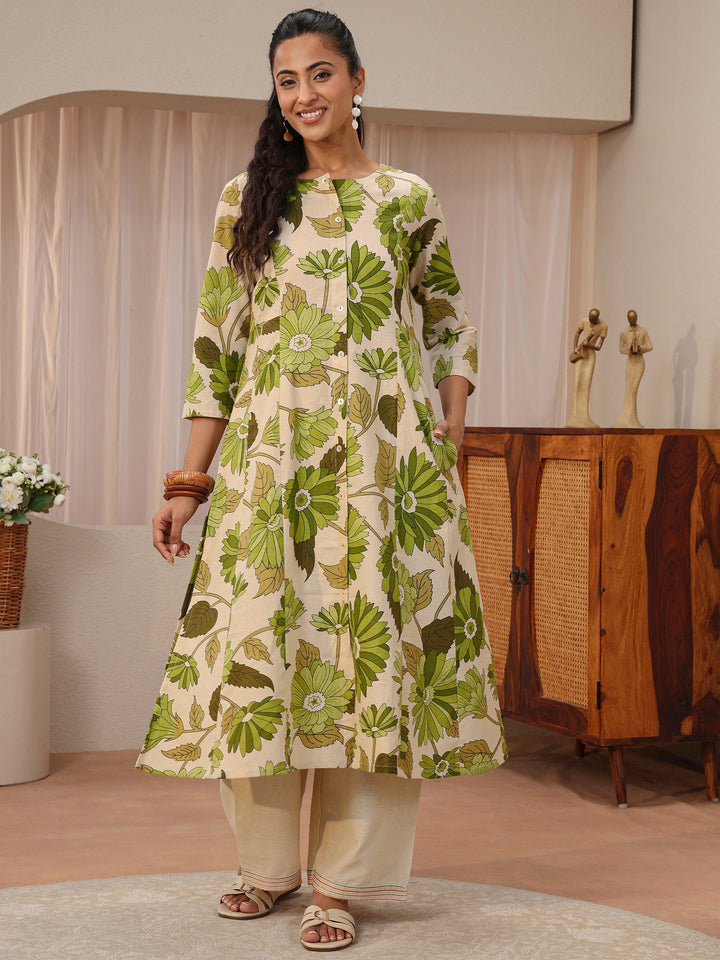 Off White Floral Printed Cotton Blend A-Line Kurta
