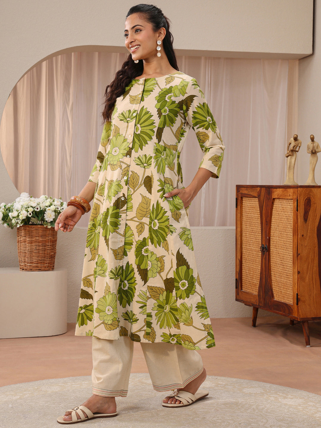 Off White Floral Printed Cotton Blend A-Line Kurta