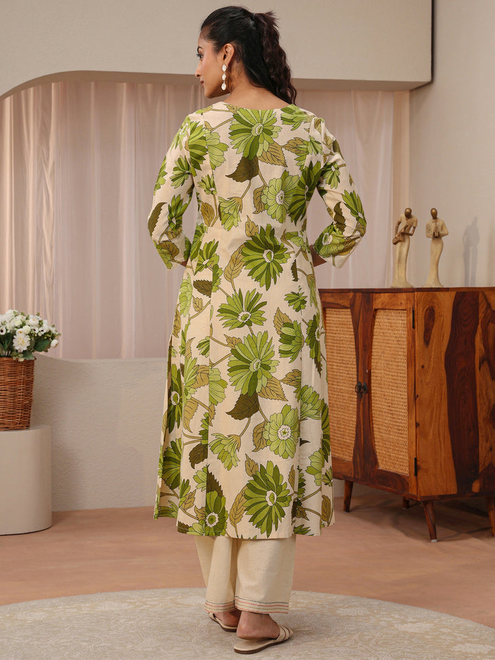 Off White Floral Printed Cotton Blend A-Line Kurta