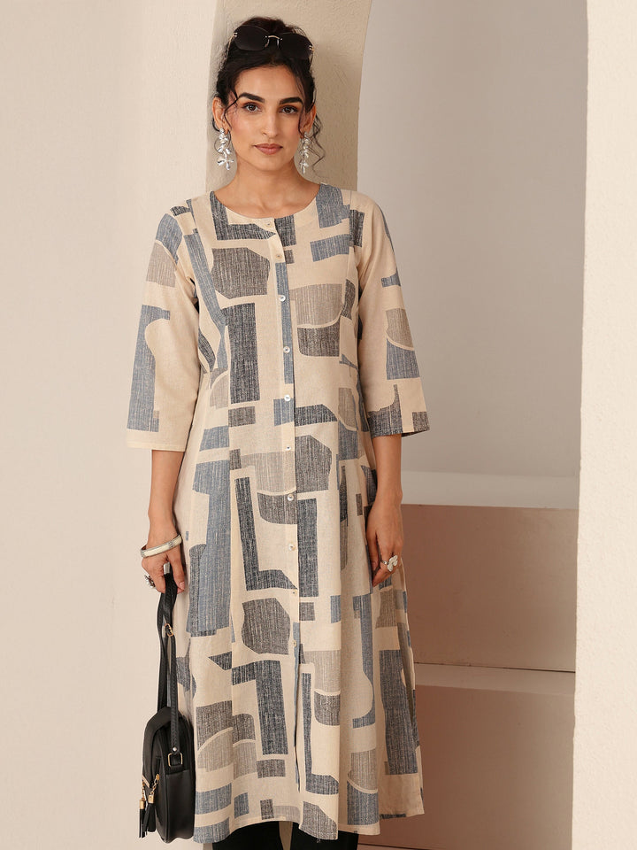 Libas Ivory Geometric Print Silk Blend A-Line Kurta