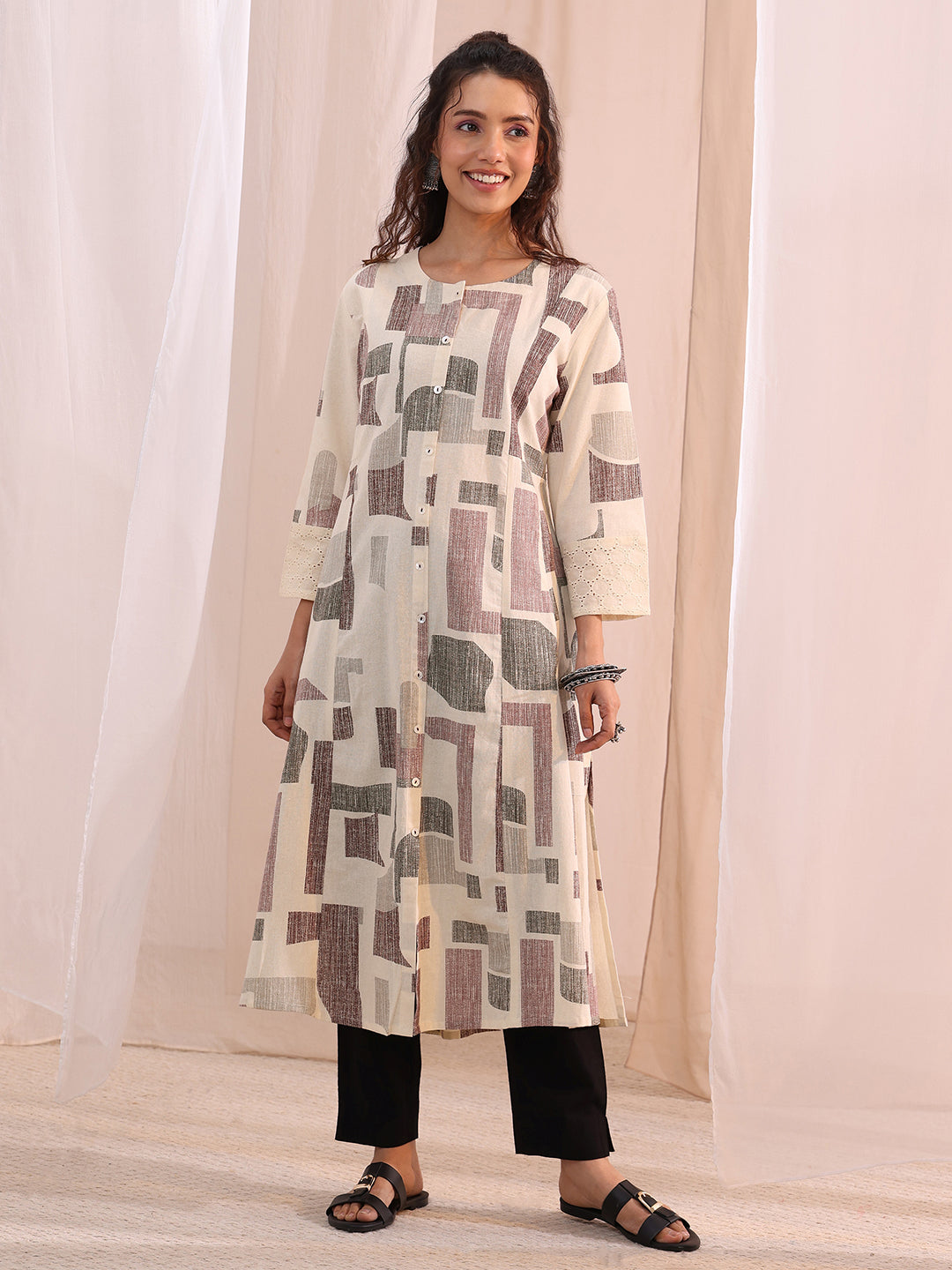 Libas Off White Geometric Printed Cotton A-Line Kurta