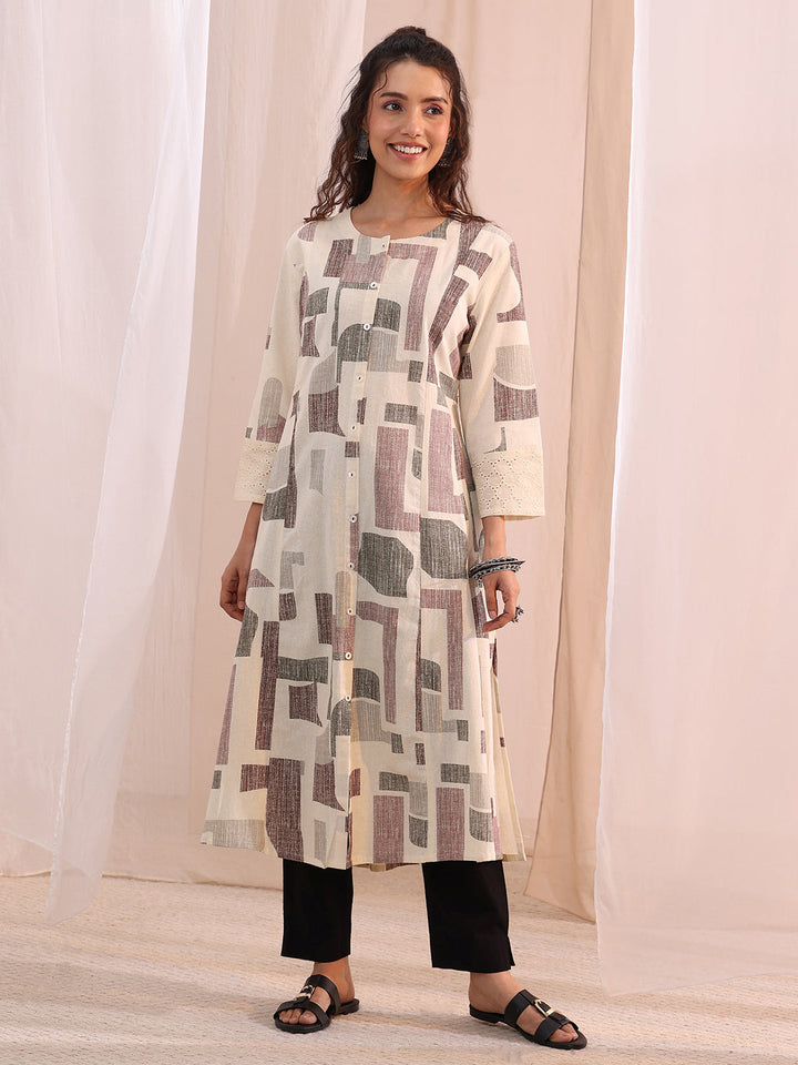 Libas Off White Geometric Printed Cotton A-Line Kurta