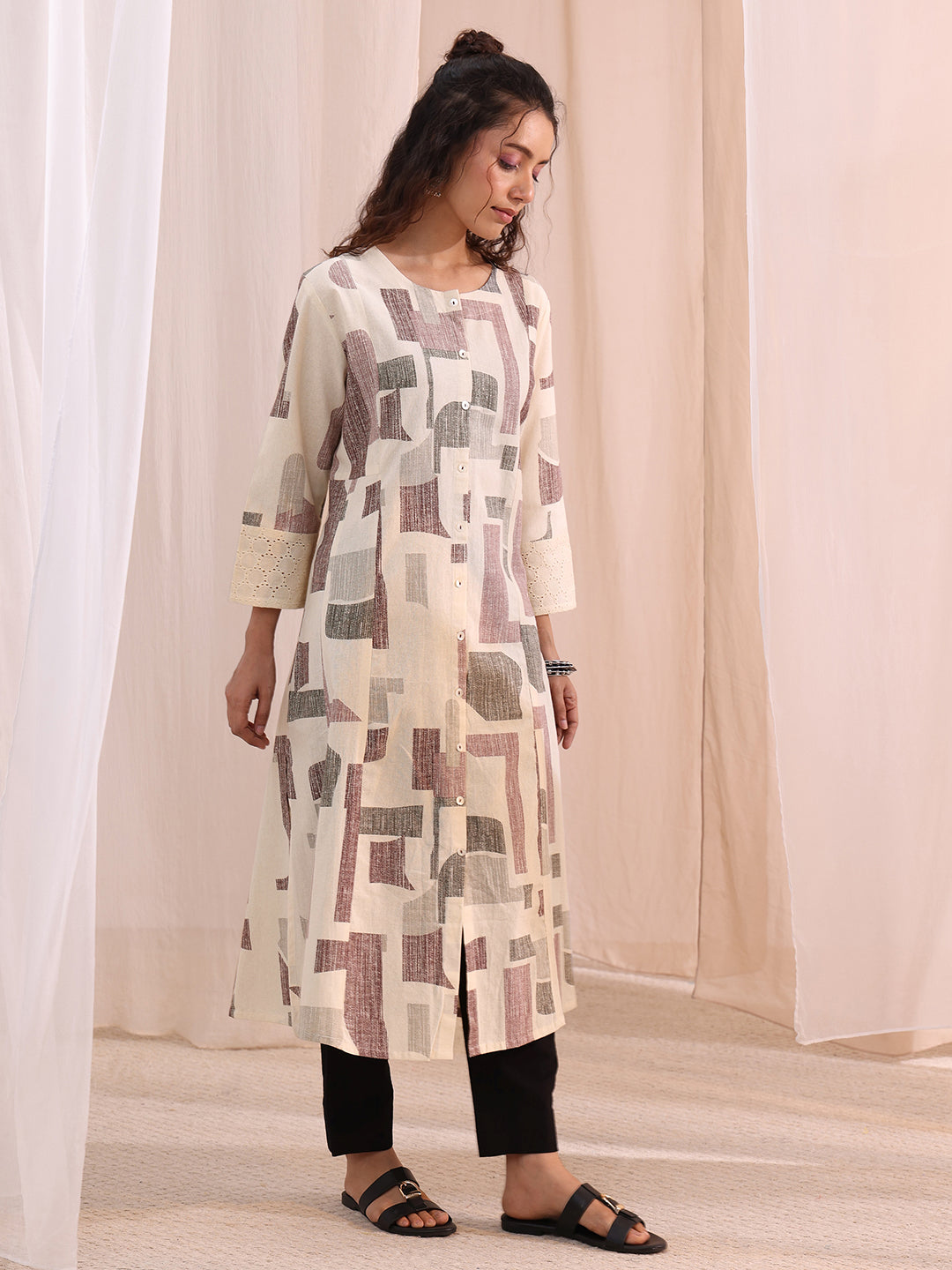 Libas Off White Geometric Printed Cotton A-Line Kurta