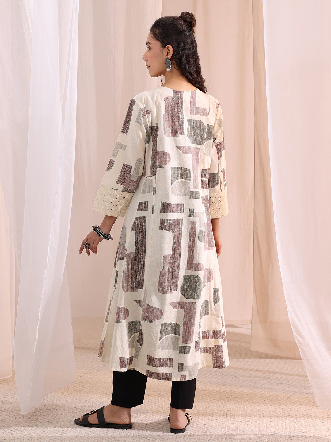 Libas Off White Geometric Printed Cotton A-Line Kurta
