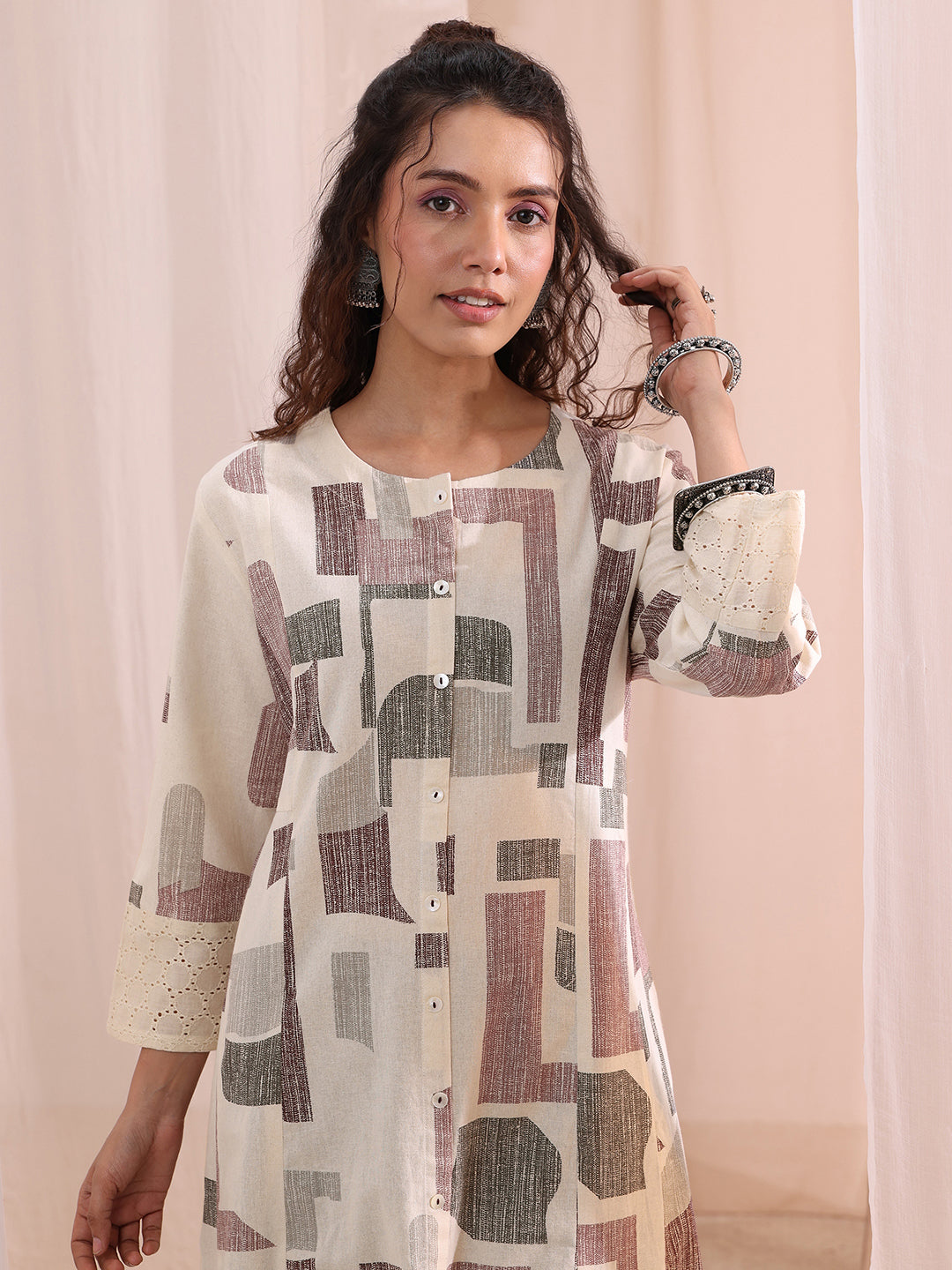 Libas Off White Geometric Printed Cotton A-Line Kurta