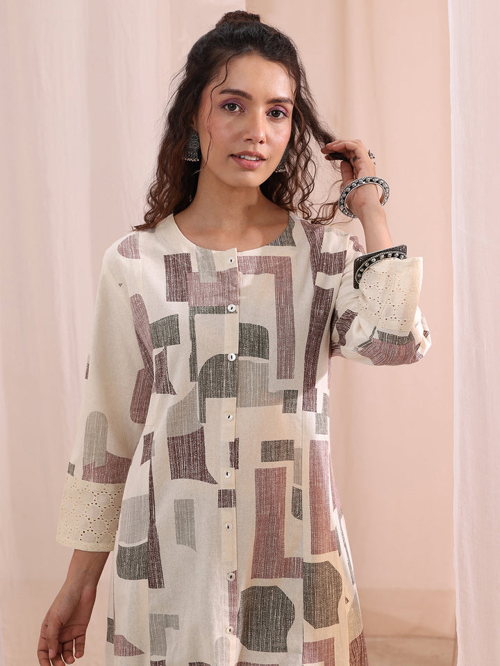Libas Off White Geometric Printed Cotton A-Line Kurta