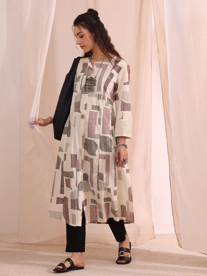 Libas Off White Geometric Printed Cotton A-Line Kurta