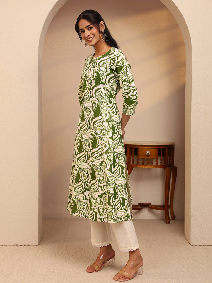 Libas Green Paisley Printed Cotton Blend A-Line Kurta