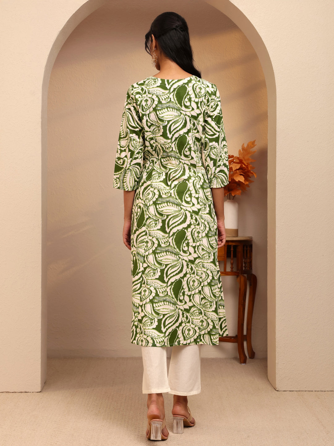 Libas Green Paisley Printed Cotton Blend A-Line Kurta