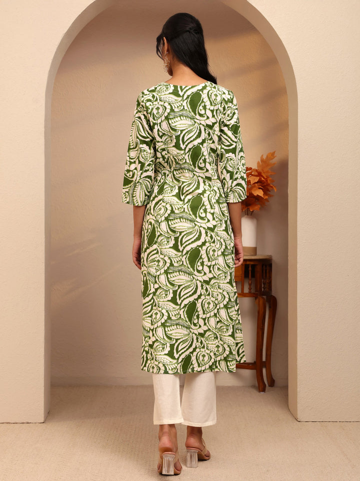 Libas Green Paisley Printed Cotton Blend A-Line Kurta