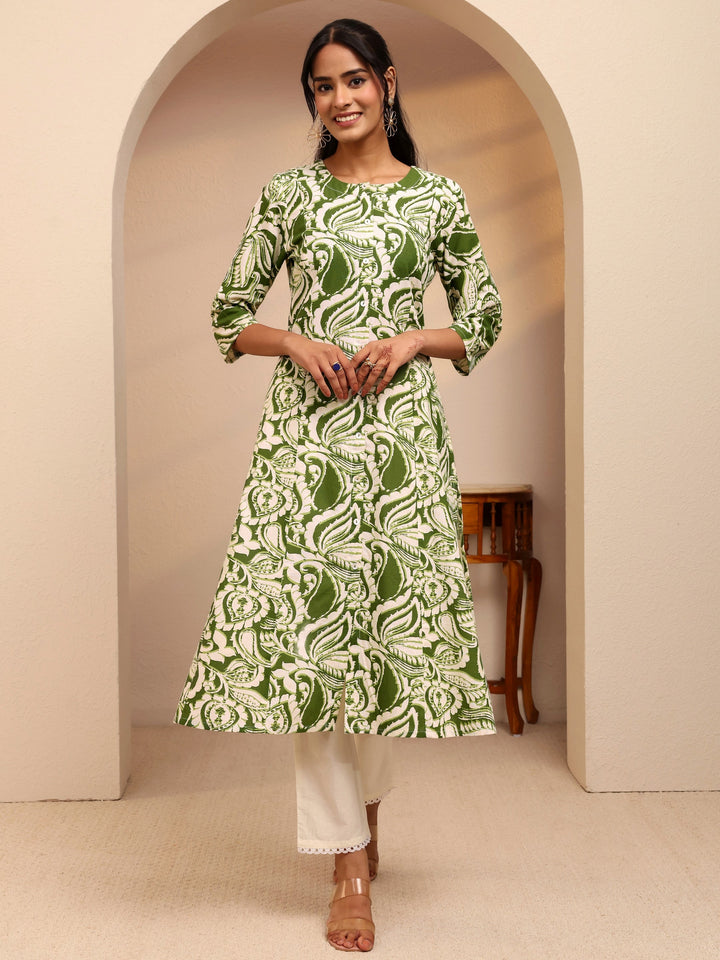 Libas Green Paisley Printed Cotton Blend A-Line Kurta