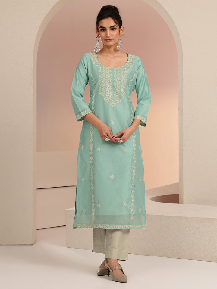 Libas Mint Green Floral Embroidered Silk Blend Straight Kurta