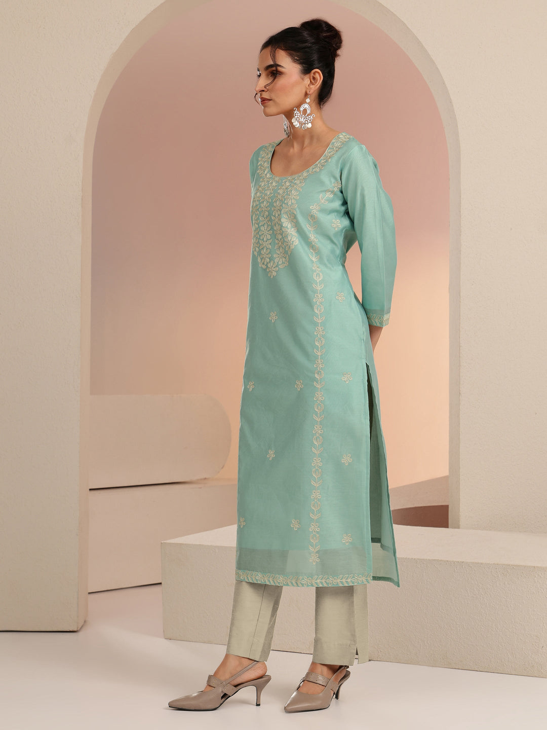 Libas Mint Green Floral Embroidered Silk Blend Straight Kurta