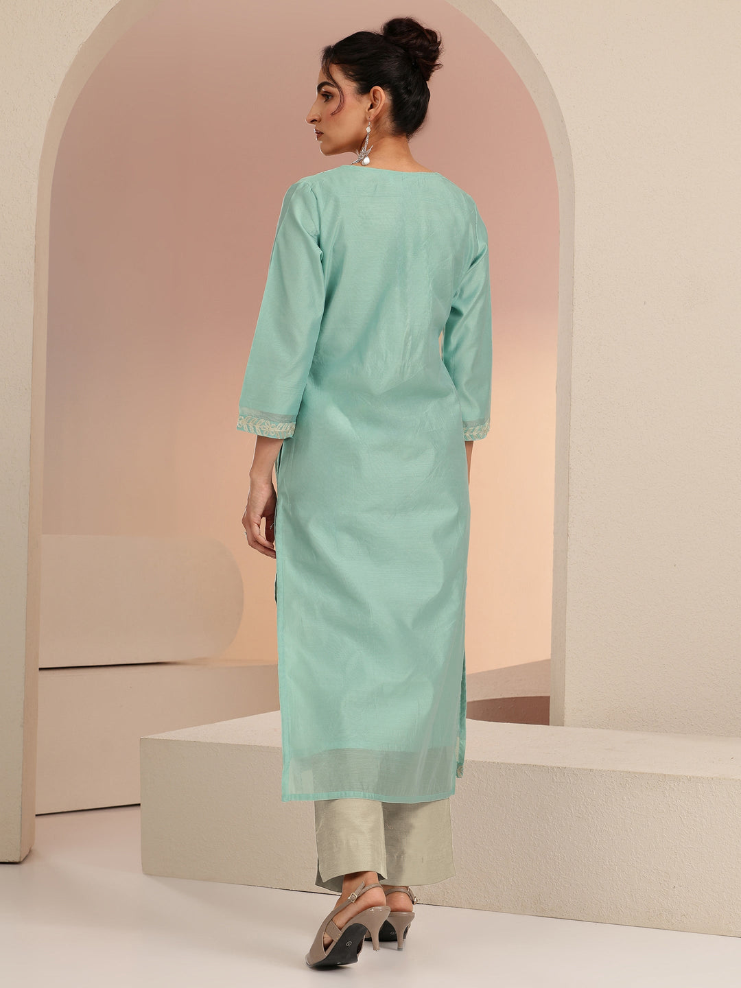 Libas Mint Green Floral Embroidered Silk Blend Straight Kurta