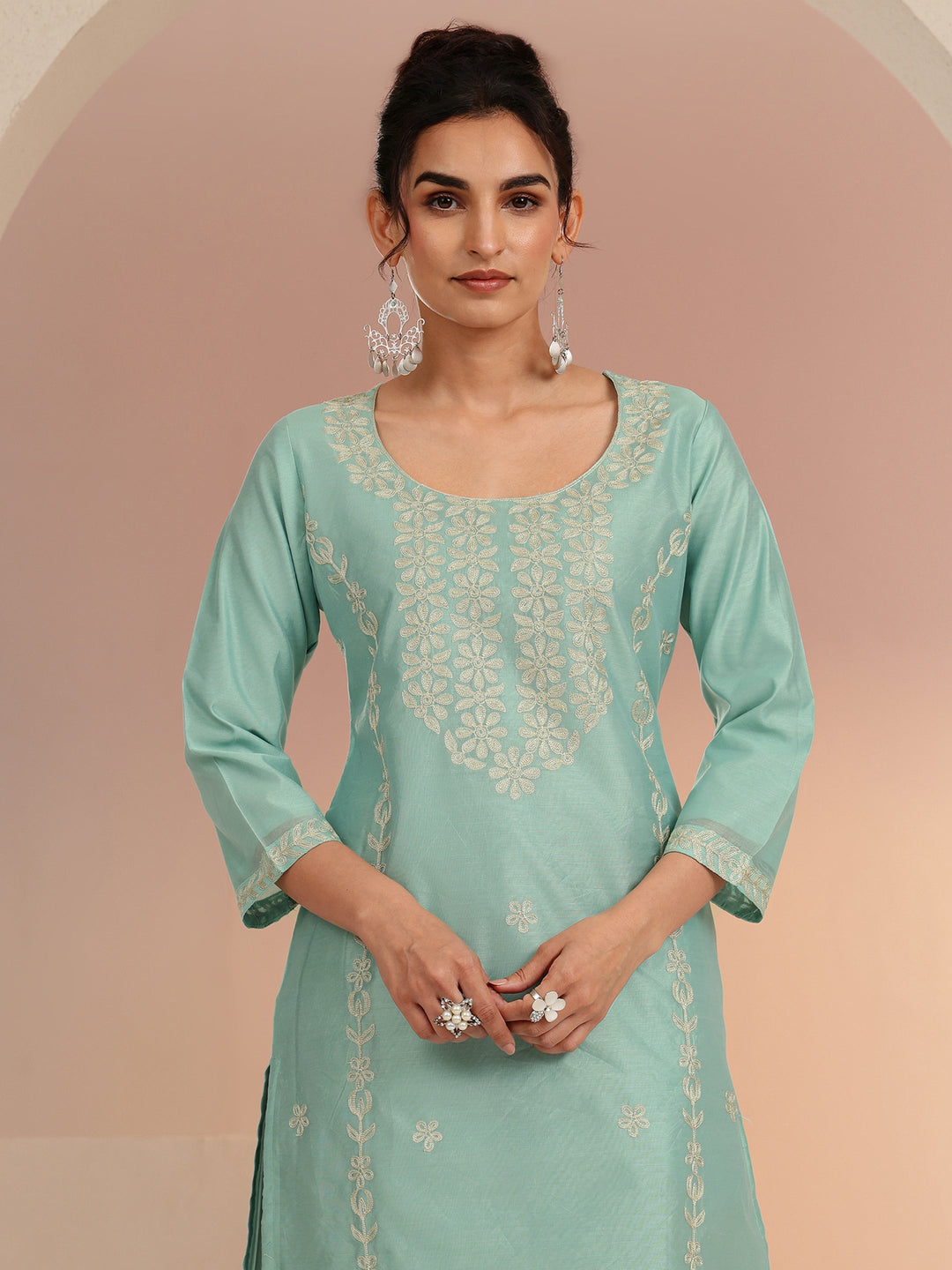 Libas Mint Green Floral Embroidered Silk Blend Straight Kurta