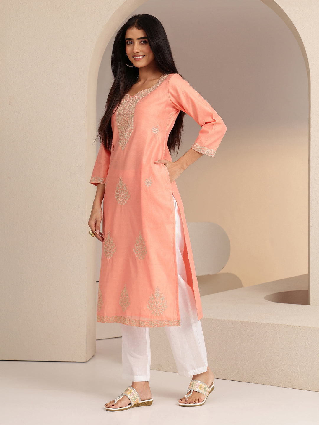 Libas Peach Floral Embroidered Silk Blend Straight Kurta