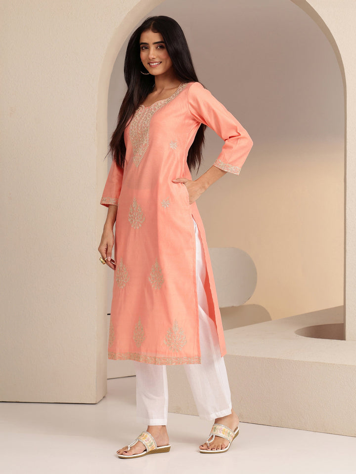 Libas Peach Floral Embroidered Silk Blend Straight Kurta