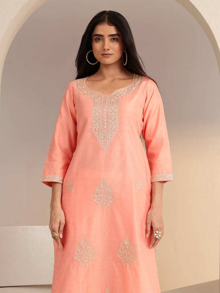 Libas Peach Floral Embroidered Silk Blend Straight Kurta