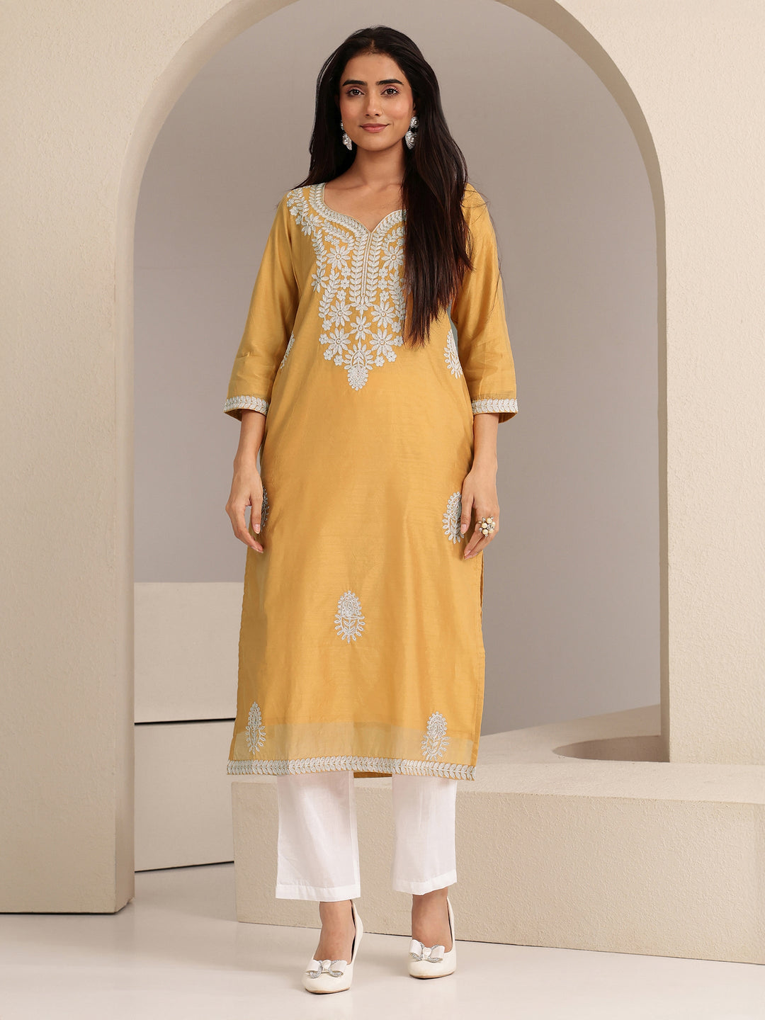 Libas Mustard Floral Embroidered Silk Blend Straight Kurta