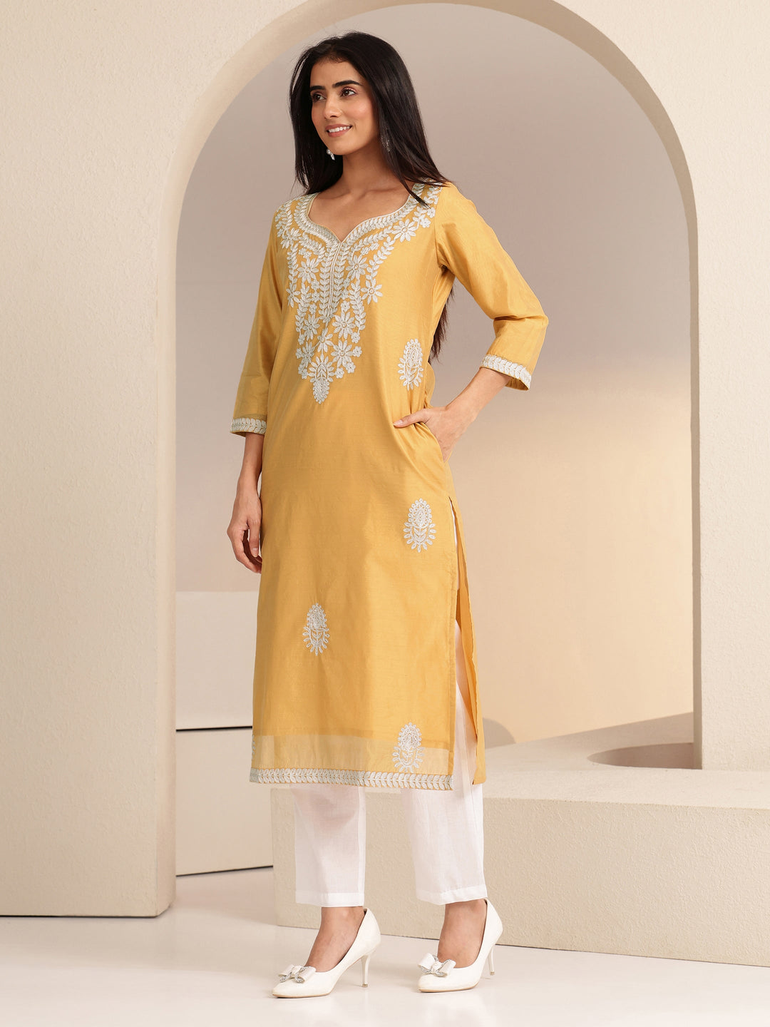 Libas Mustard Floral Embroidered Silk Blend Straight Kurta