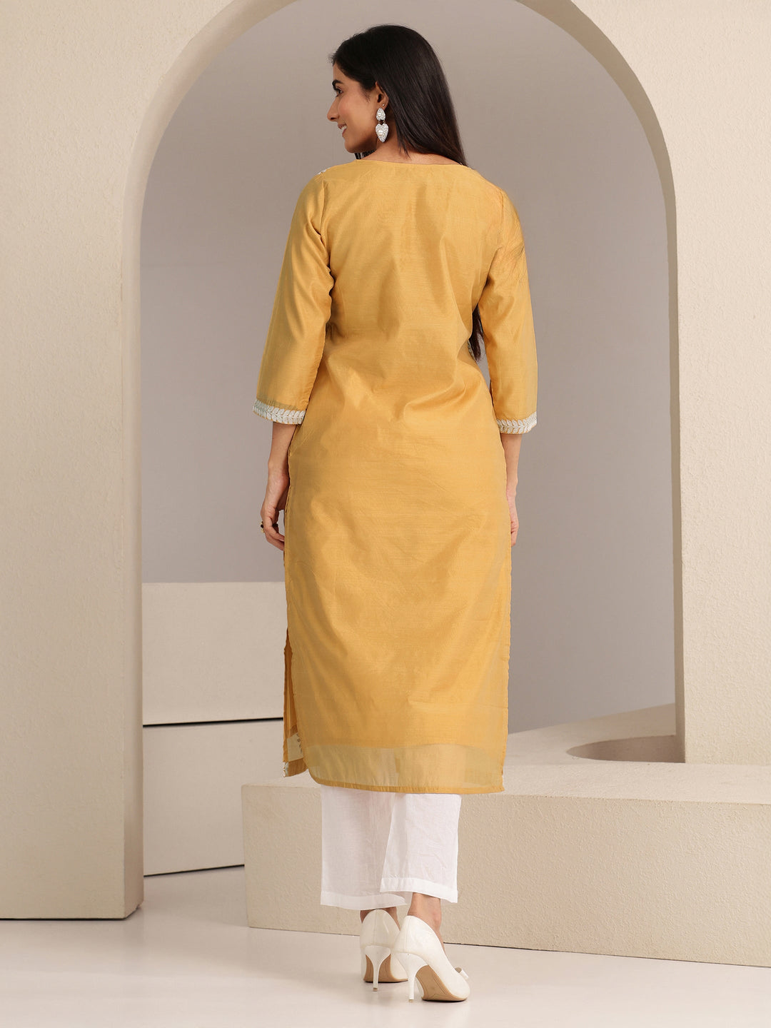 Libas Mustard Floral Embroidered Silk Blend Straight Kurta