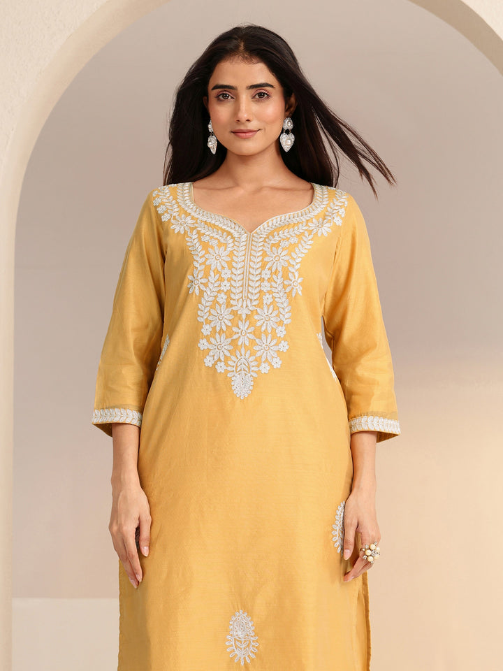 Libas Mustard Floral Embroidered Silk Blend Straight Kurta