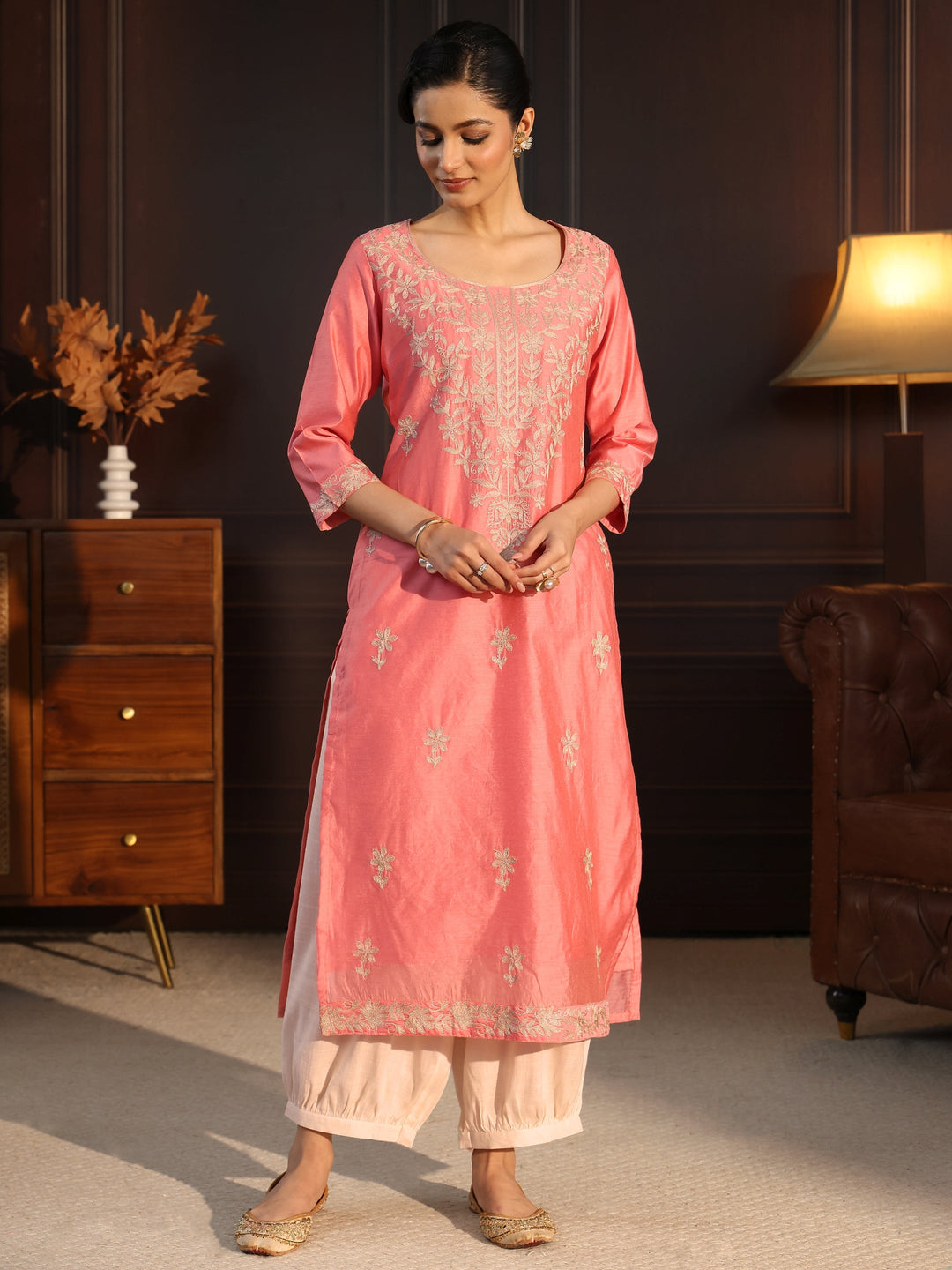 Libas Rose Pink Floral Embroidered Silk Blend Straight Kurta